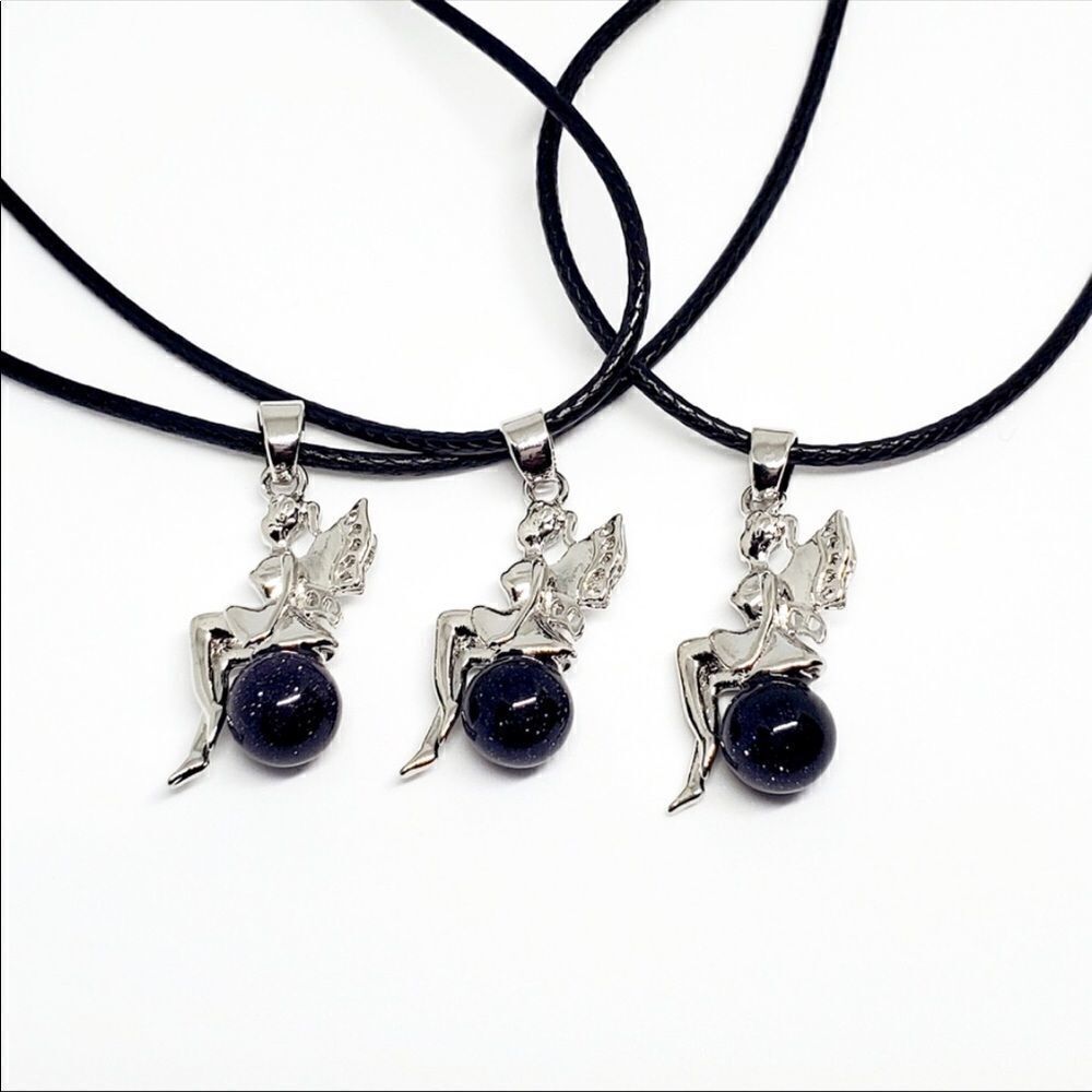 Necklace Blue Sand stone Fairy pendant on leather Plus Ipsy bag